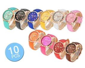 10 Pcs Geneva Unisex Gold Plated Round Leather Wrist Watches
