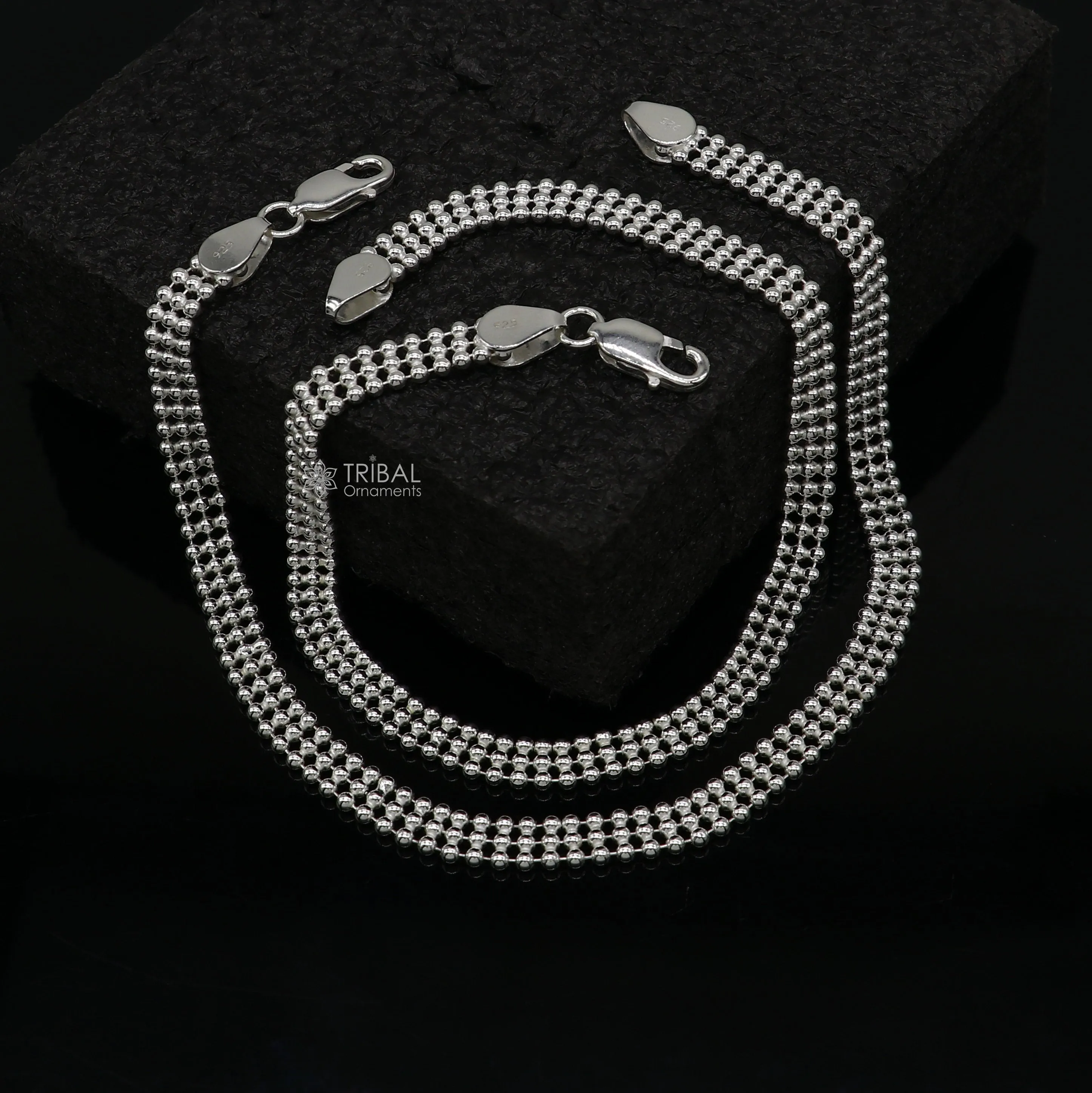 10.5" 925 sterling silver triple line beaded/ball chain anklet bracelet light weight delicate anklets belly dance silver jewelry ank613