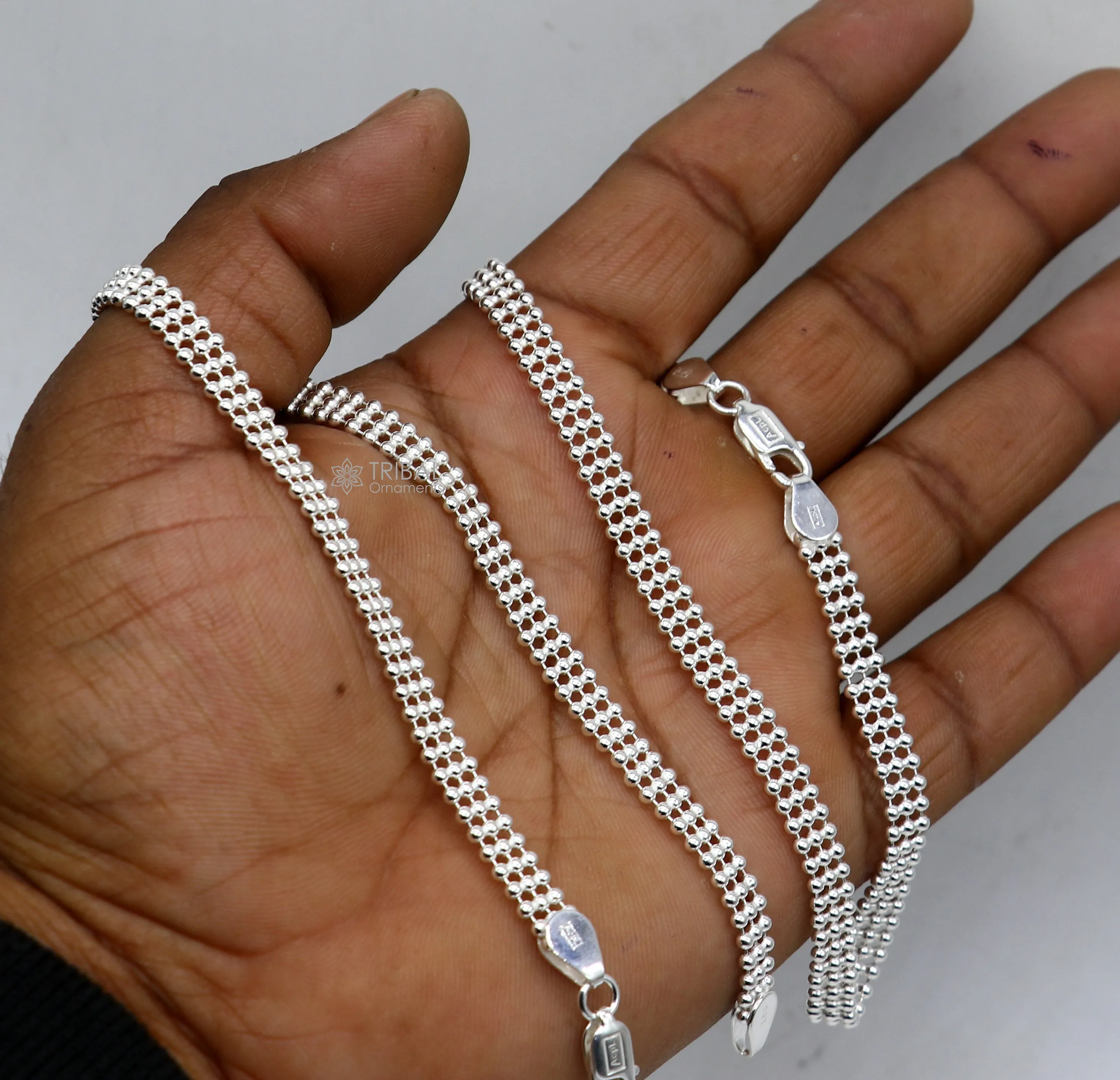10.5" 925 sterling silver triple line beaded/ball chain anklet bracelet light weight delicate anklets belly dance silver jewelry ank613