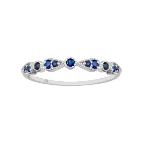 10k White Gold Genuine Round Sapphire Stackable Vintage Style Band