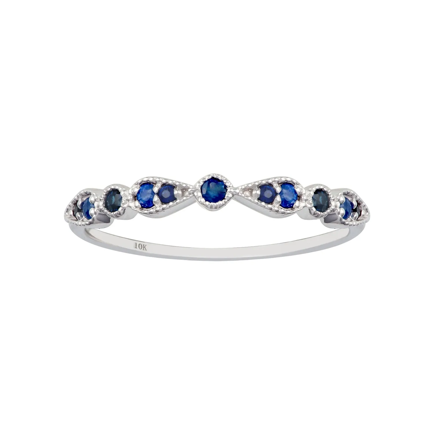 10k White Gold Genuine Round Sapphire Stackable Vintage Style Band