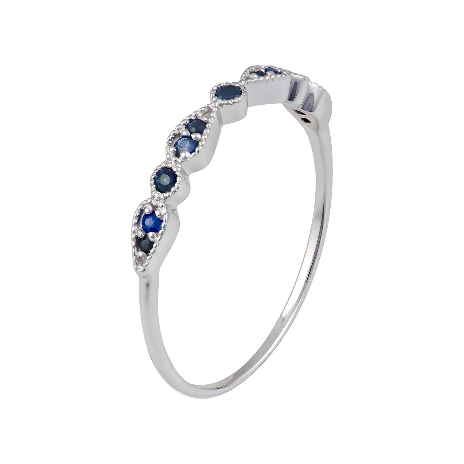 10k White Gold Genuine Round Sapphire Stackable Vintage Style Band
