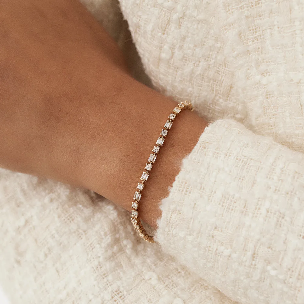 14k Baguette & Round Natural Diamond Tennis Bracelet