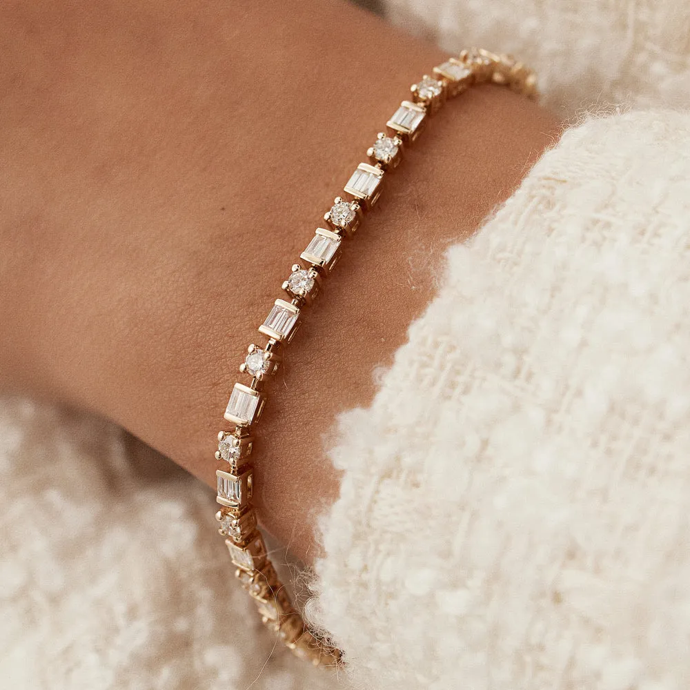 14k Baguette & Round Natural Diamond Tennis Bracelet