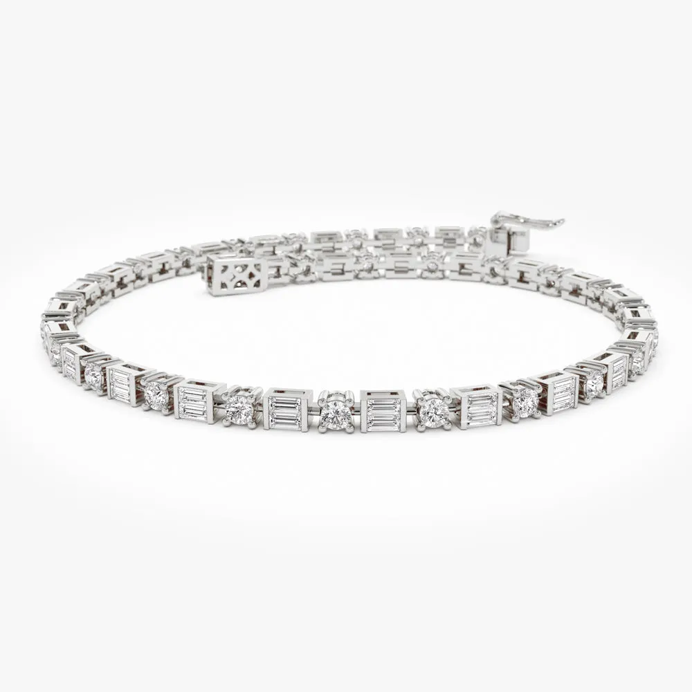 14k Baguette & Round Natural Diamond Tennis Bracelet
