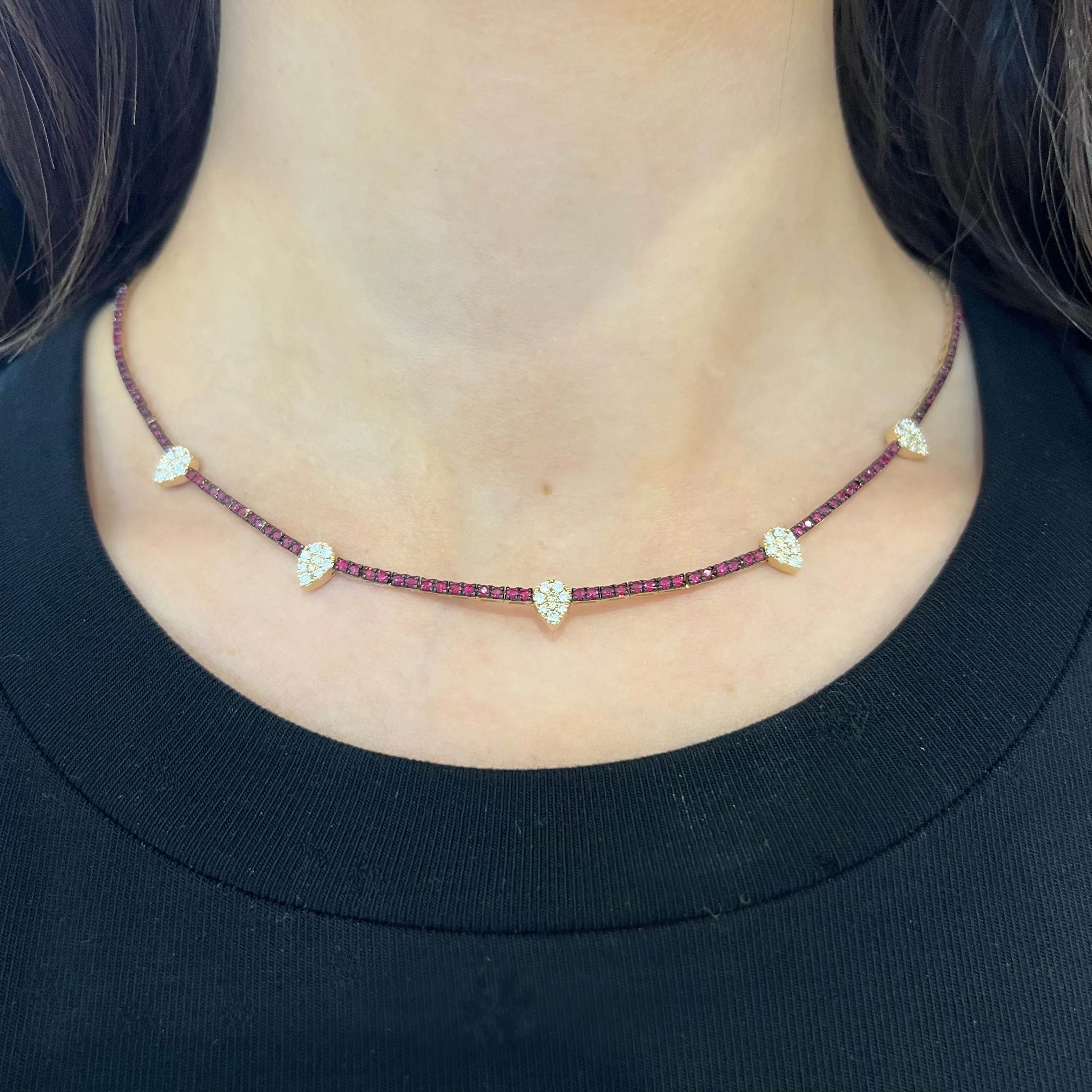 14K GOLD DIAMOND RUBY 5 PEAR VAL NECKLACE
