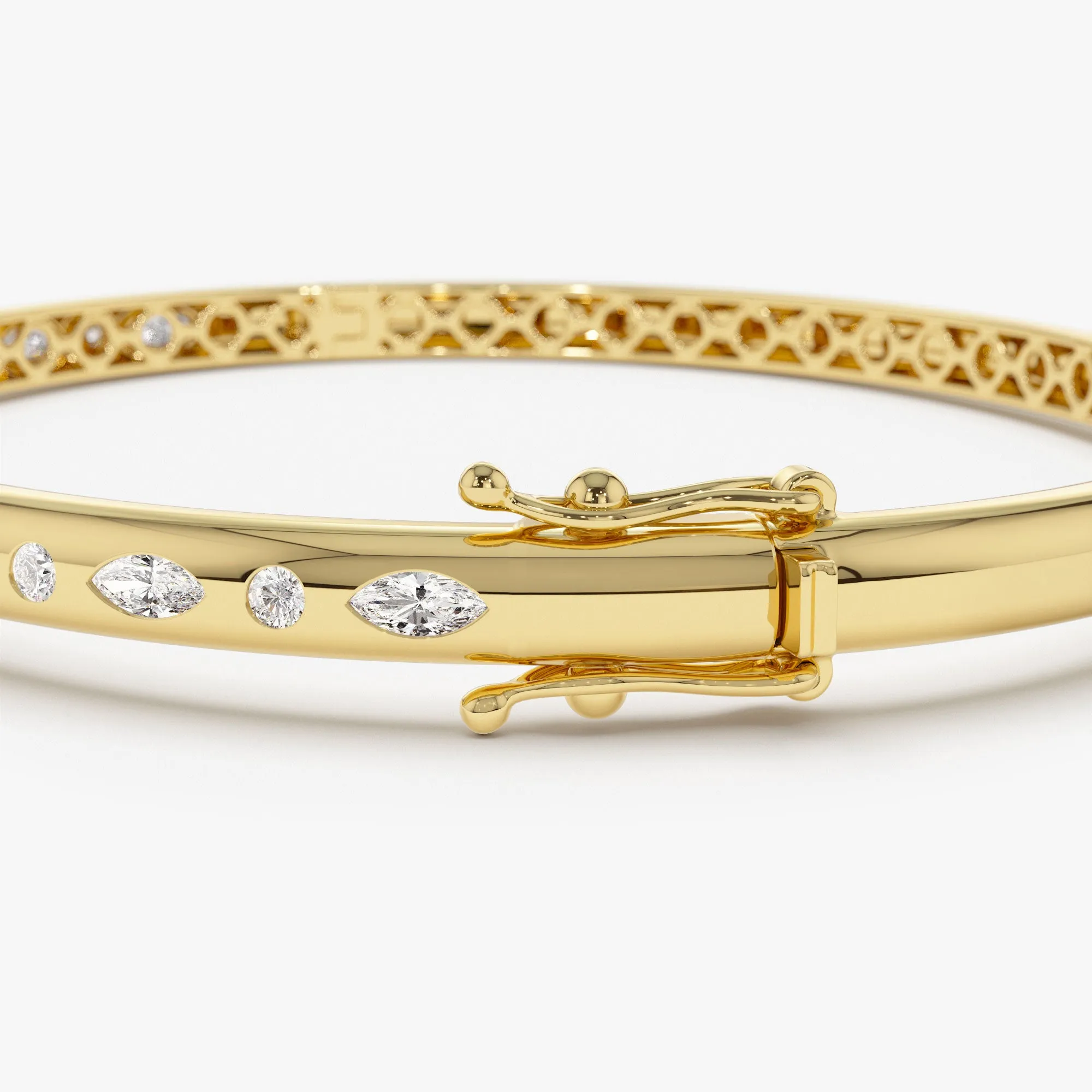 14k Gold Flush Setting Marquise Shaped and Round Diamond Bangle