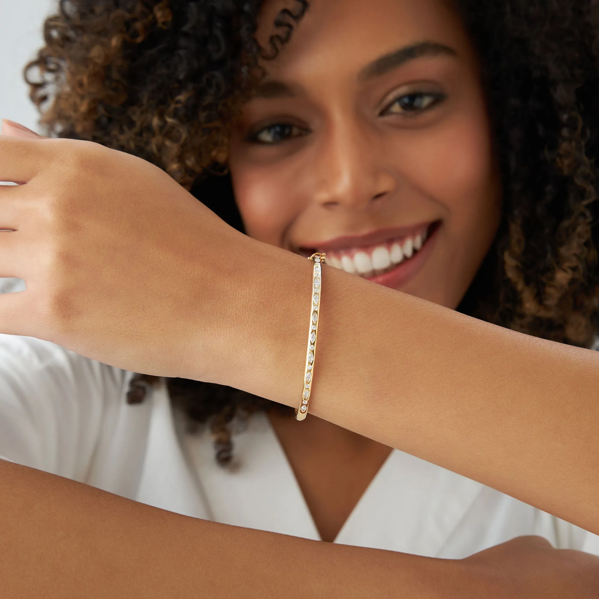 14k Gold Flush Setting Marquise Shaped and Round Diamond Bangle