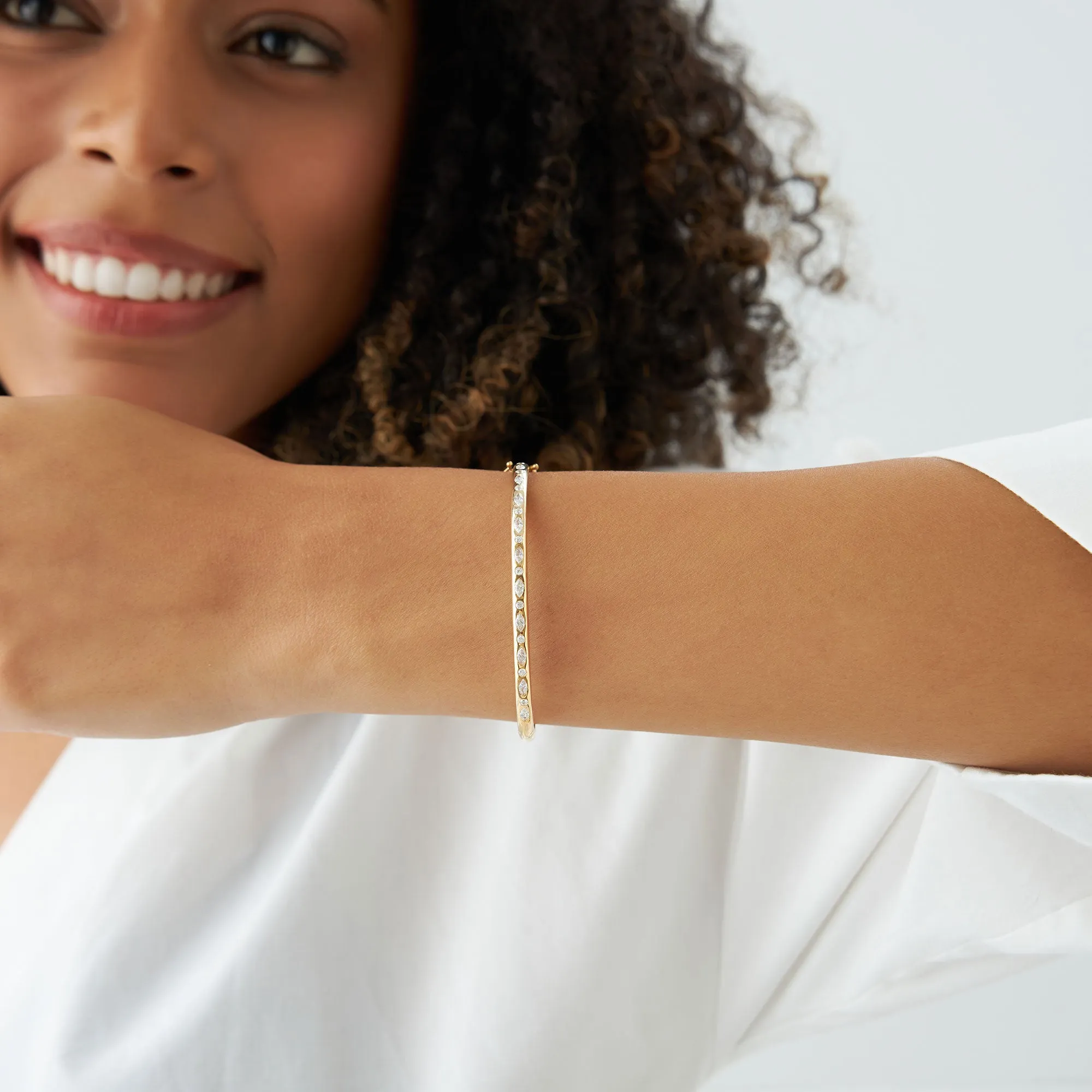 14k Gold Flush Setting Marquise Shaped and Round Diamond Bangle