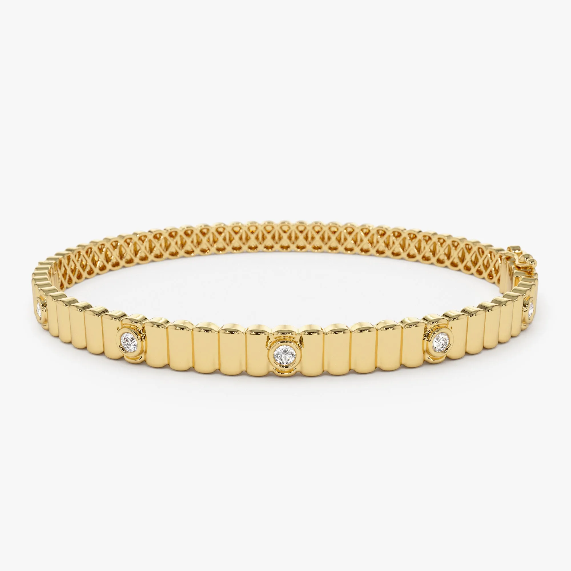 14k Gold Ribbed Diamond Bangle Bracelet