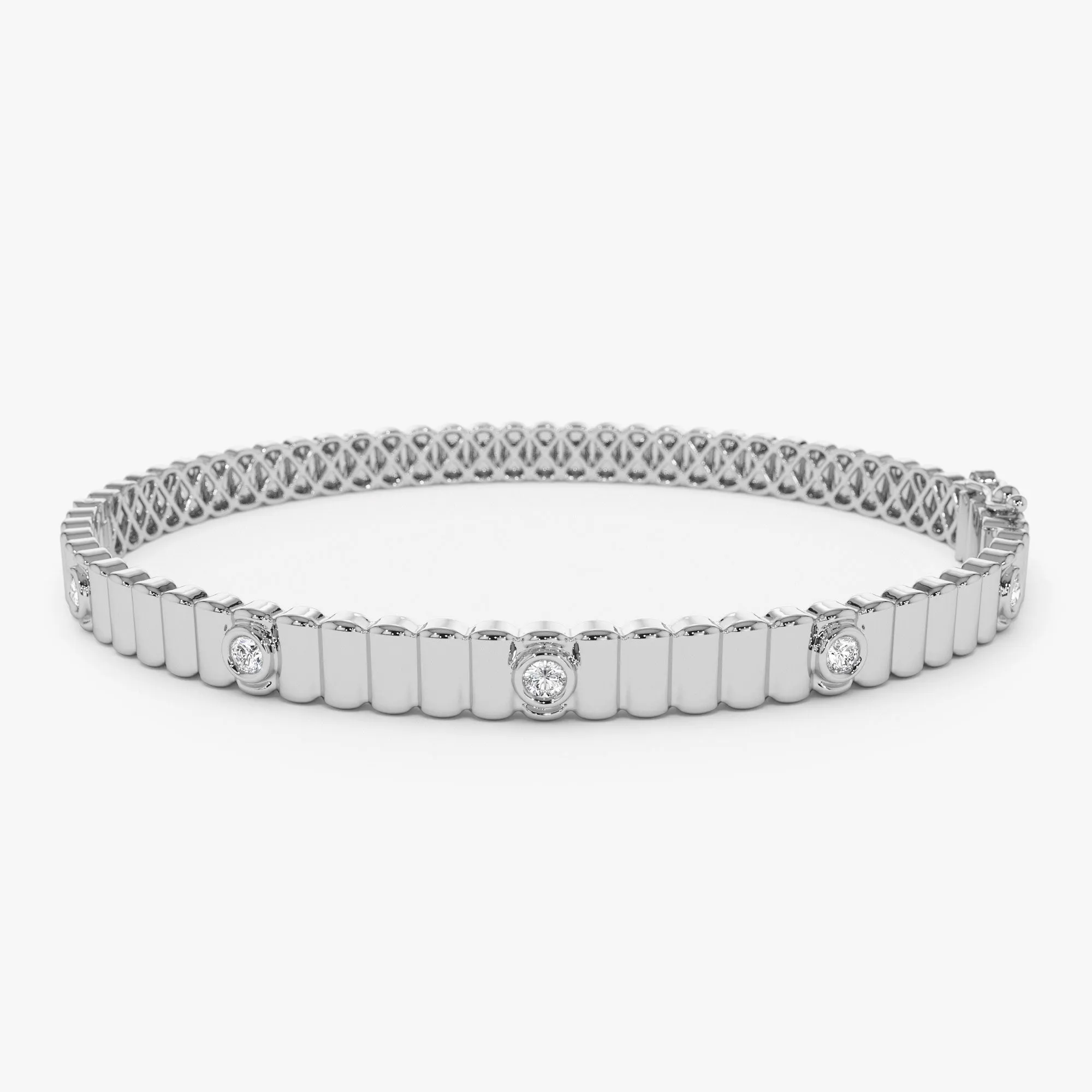14k Gold Ribbed Diamond Bangle Bracelet