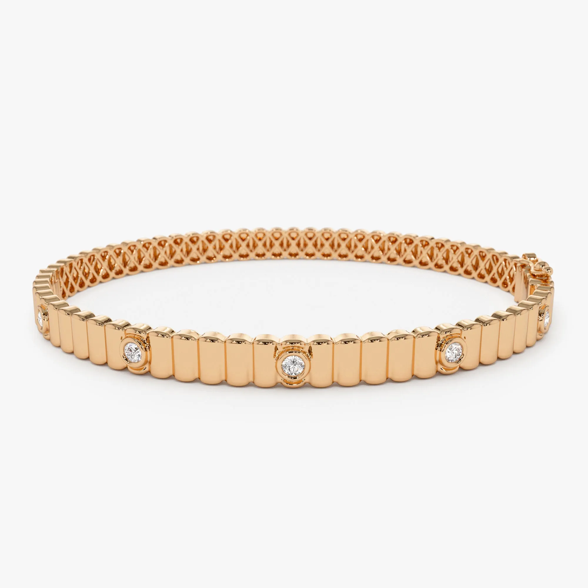 14k Gold Ribbed Diamond Bangle Bracelet