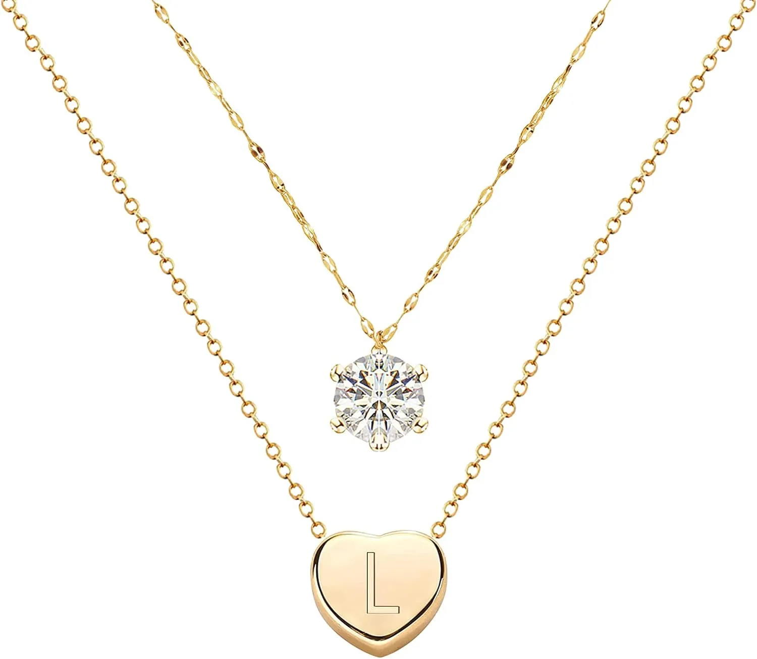 14K Real Gold Plated Dainty Layered Necklace/Heart Initial Necklaces/Zircon Necklace/Handmade Double Chain Necklace for Women and Teen Girls