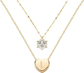 14K Real Gold Plated Dainty Layered Necklace/Heart Initial Necklaces/Zircon Necklace/Handmade Double Chain Necklace for Women and Teen Girls