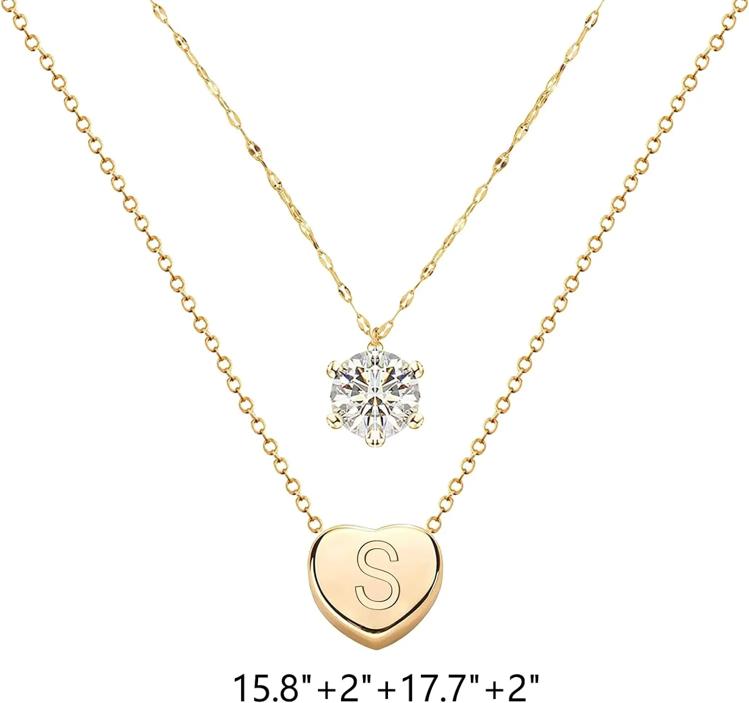 14K Real Gold Plated Dainty Layered Necklace/Heart Initial Necklaces/Zircon Necklace/Handmade Double Chain Necklace for Women and Teen Girls