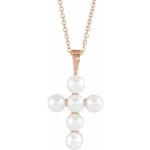 14K White Cultured White Freshwater Pearl Cross 16-18" Necklace