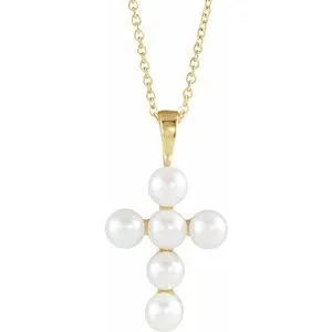 14K White Cultured White Freshwater Pearl Cross 16-18" Necklace