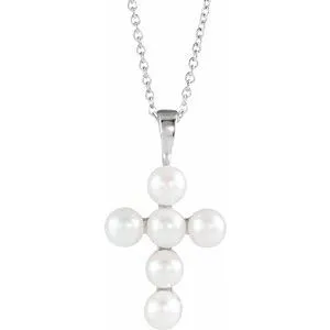14K White Cultured White Freshwater Pearl Cross 16-18" Necklace