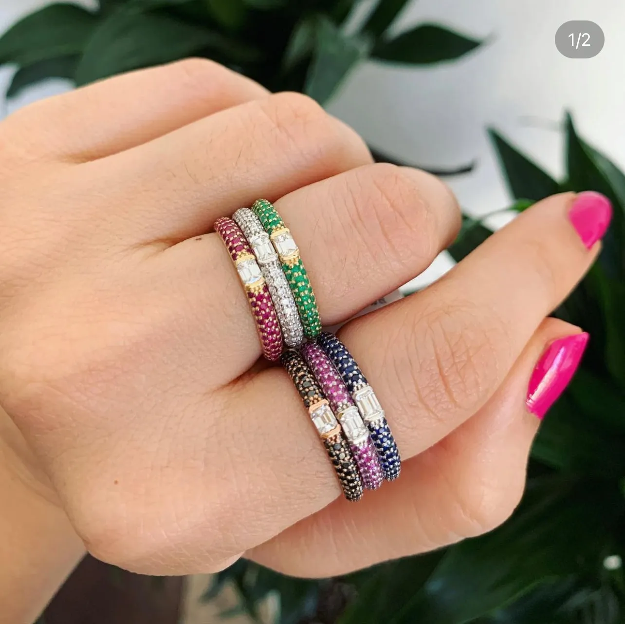 14K White Gold Emerald & Emerald-cut Diamond Half Eternity Stackable Ring