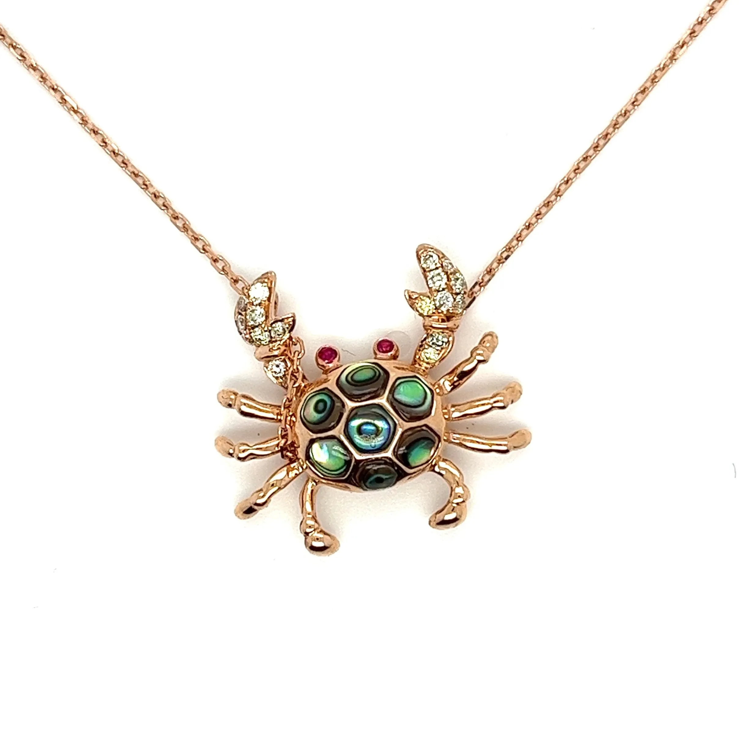 18K Rose Gold Crab Necklace with Abalone Shell Rubies and Diamonds