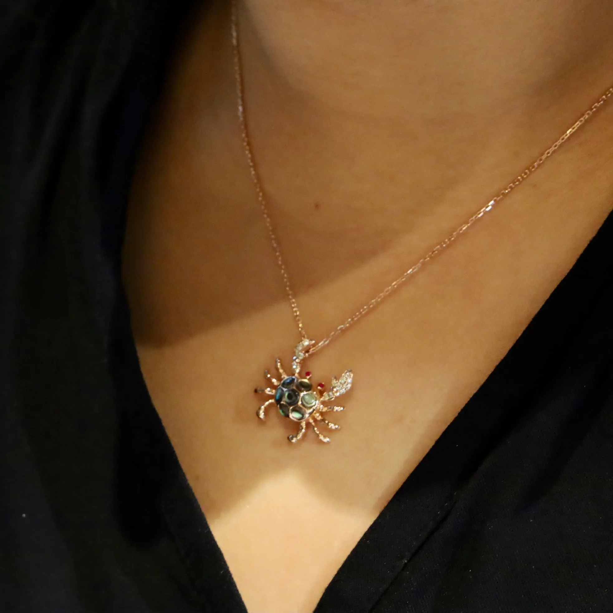 18K Rose Gold Crab Necklace with Abalone Shell Rubies and Diamonds