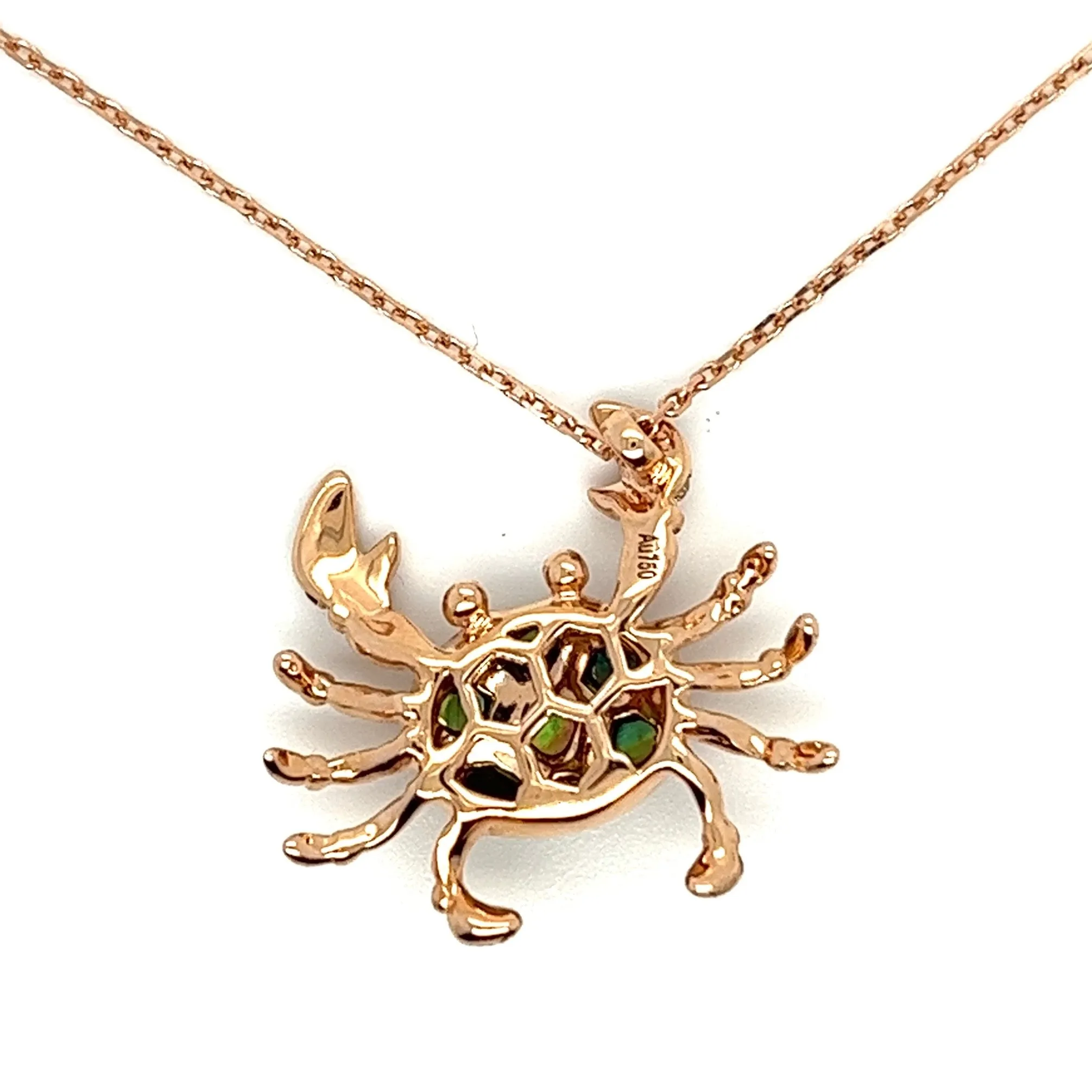 18K Rose Gold Crab Necklace with Abalone Shell Rubies and Diamonds