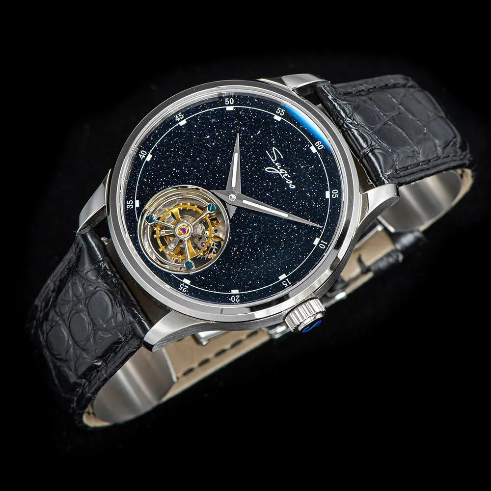 2022 Sugess Tourbillon Mens Watch Seagull ST8230 Movement Blue Aventurine Stone Luxury Mechanical Hand Wind Watches Crocodile