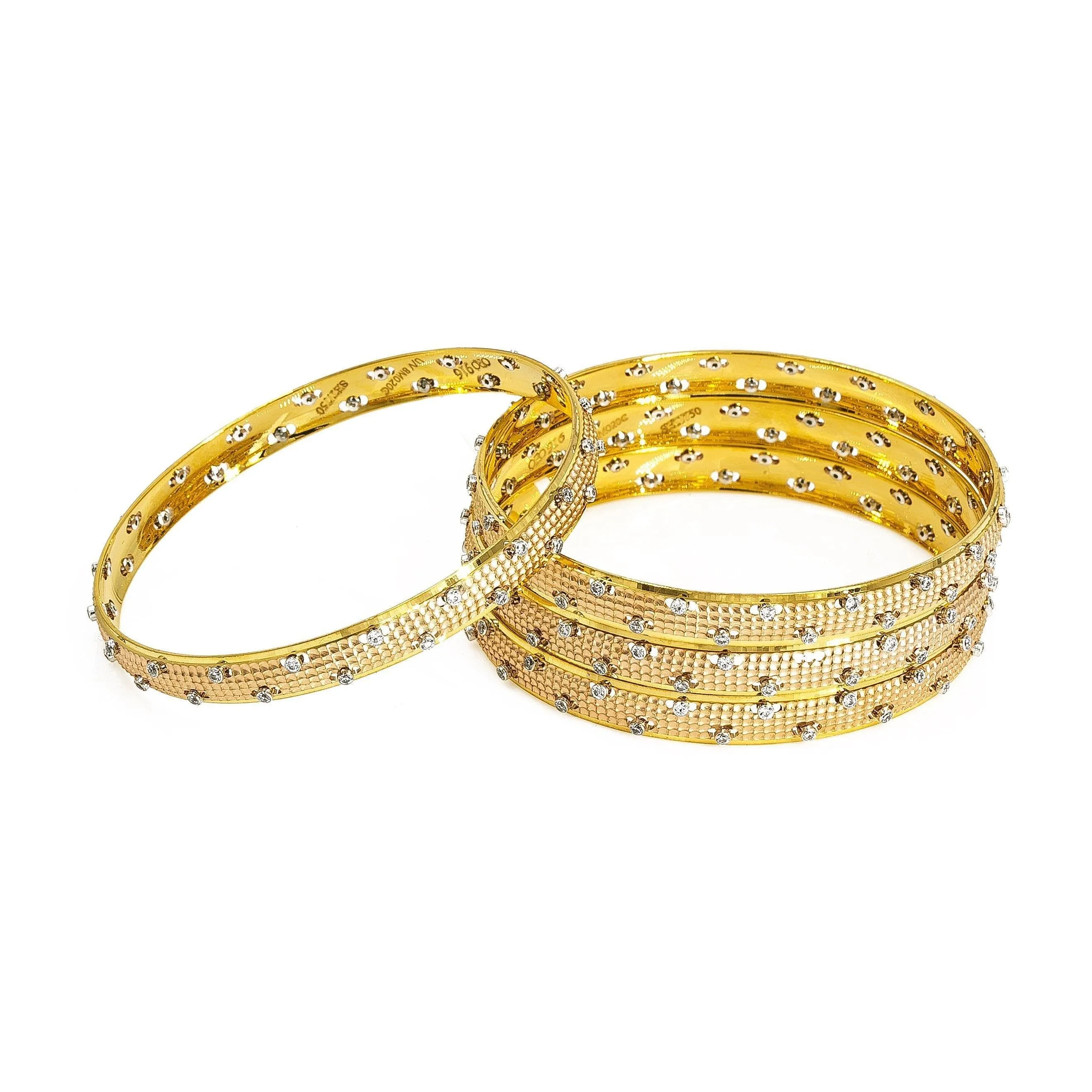 22K Multitone Gold Bangles W/ Cubic Zirconia Set of Four