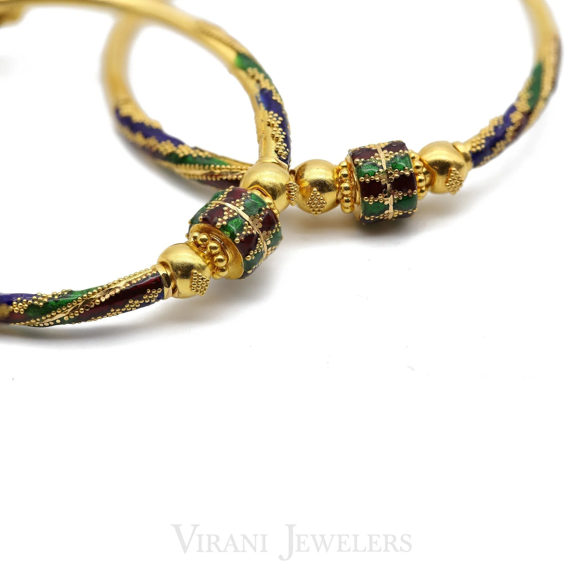 22K Yellow Gold Adjustable Bangles W/ Hand Paint Accent For Kids, Set of 2