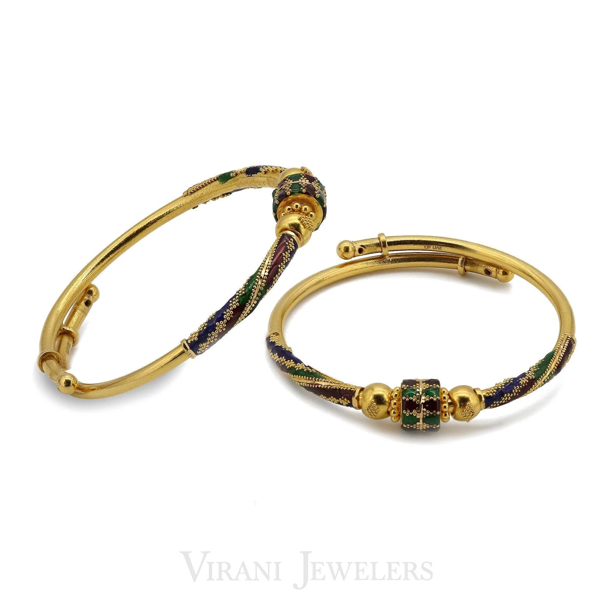 22K Yellow Gold Adjustable Bangles W/ Hand Paint Accent For Kids, Set of 2