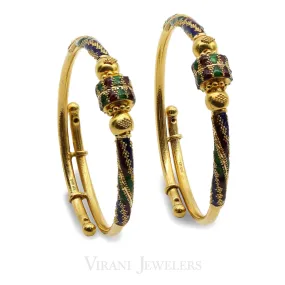 22K Yellow Gold Adjustable Bangles W/ Hand Paint Accent For Kids, Set of 2