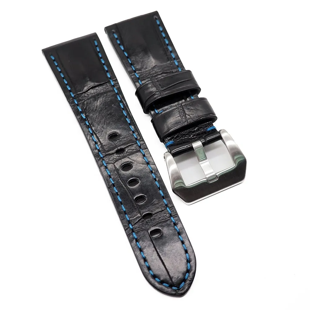 22mm, 24mm, 26mm Black Alligator Leather Watch Strap For Panerai, Blue Stitching