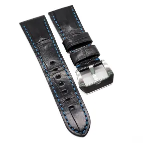 22mm, 24mm, 26mm Black Alligator Leather Watch Strap For Panerai, Blue Stitching