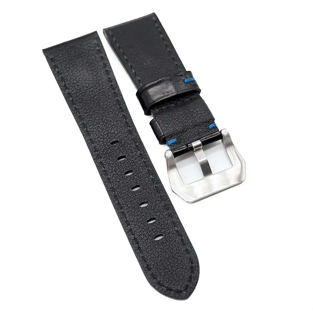 22mm, 24mm, 26mm Black Alligator Leather Watch Strap For Panerai, Blue Stitching
