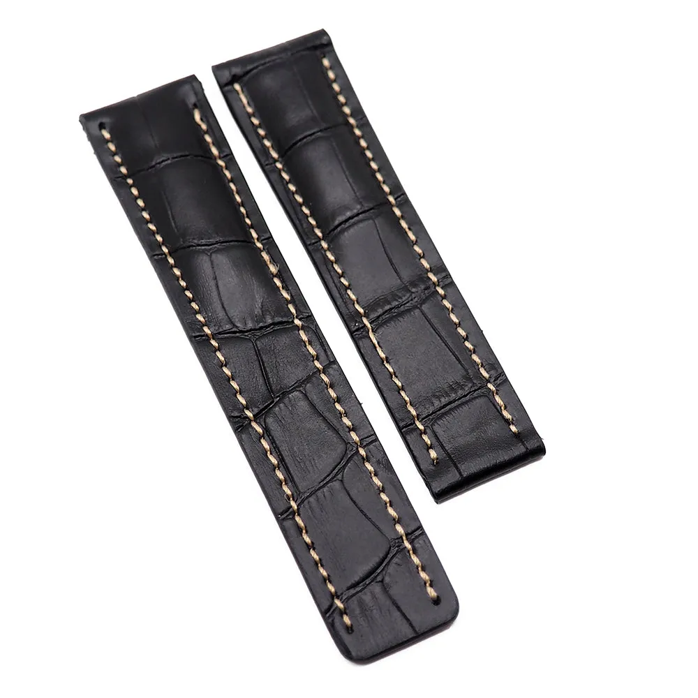22mm Alligator Embossed Calf Leather Watch Strap For Breitling, Depolyant Clasp Style, Black / Brown / Blue