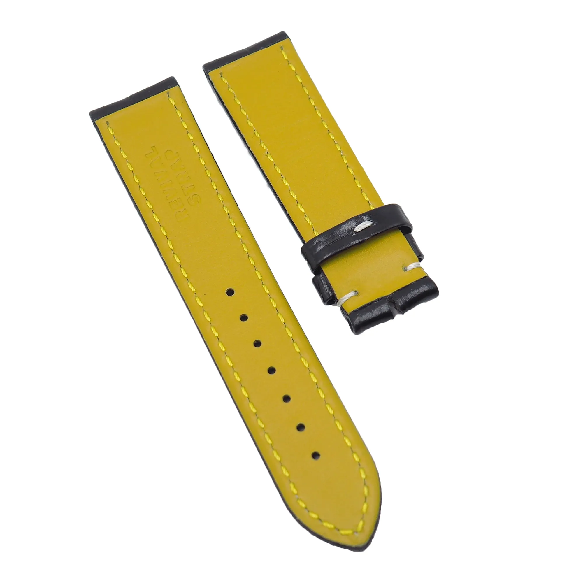 22mm Black Alligator Embossed Calf Leather Watch Strap, White Stitching For Breitling