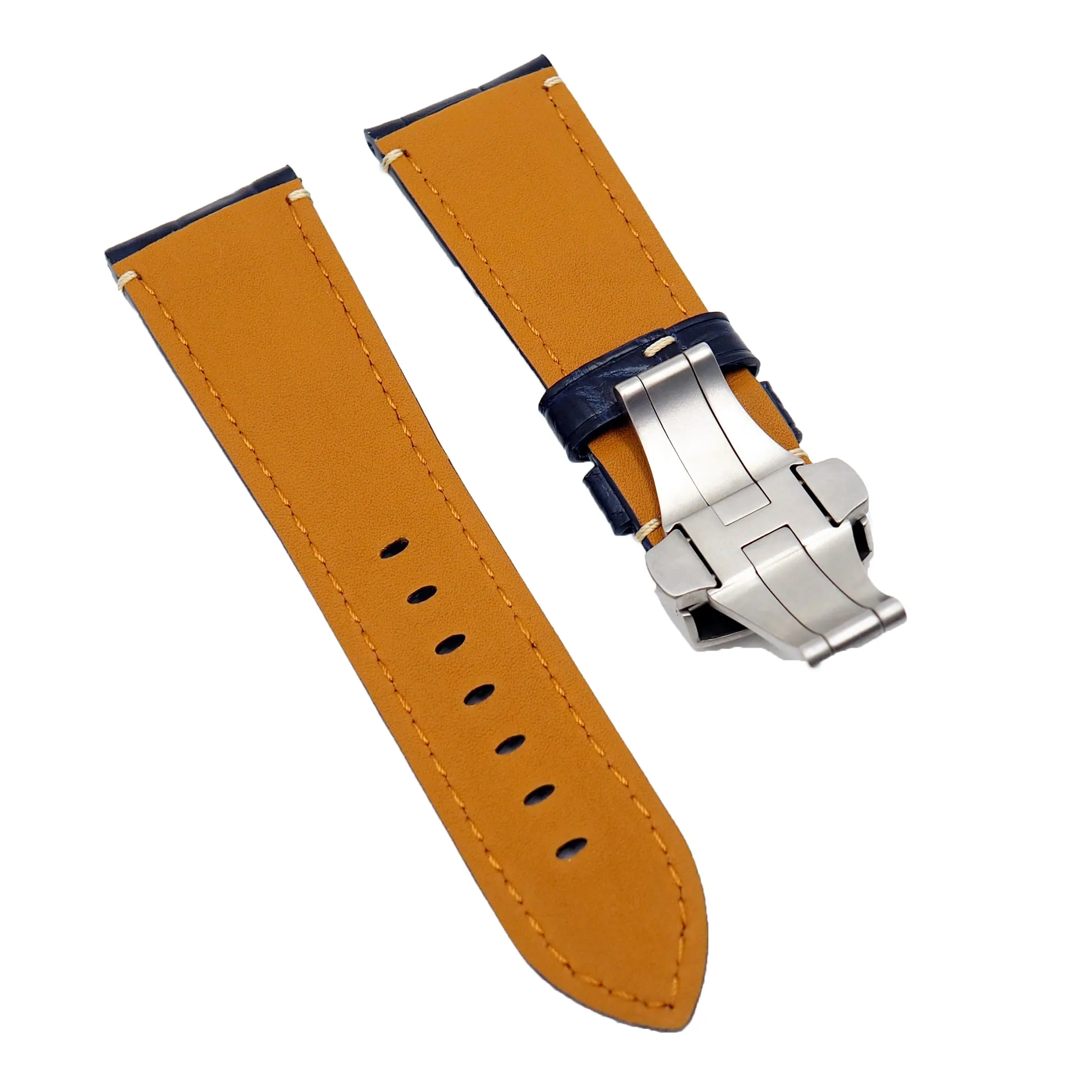 24mm, 26mm Navy Blue Alligator Leather Watch Strap, Cream Stitching For Panerai, Depolyant Clasp Style