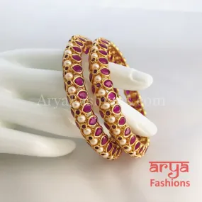 2.8 Ruby Kundan Kada Bangles with Pearls, Pair of 2 Bangles