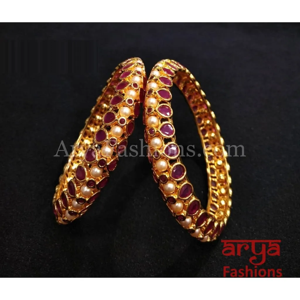 2.8 Ruby Kundan Kada Bangles with Pearls, Pair of 2 Bangles