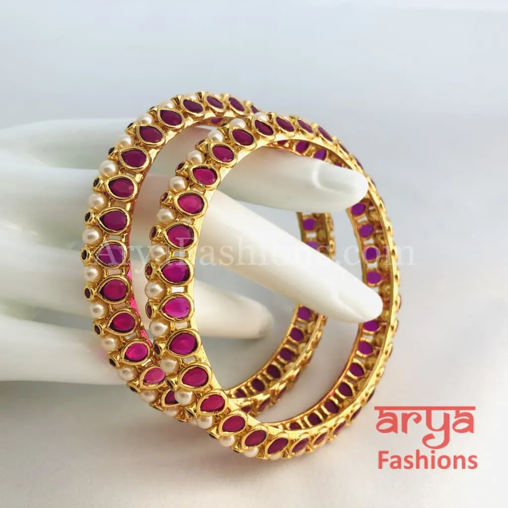 2.8 Ruby Kundan Kada Bangles with Pearls, Pair of 2 Bangles