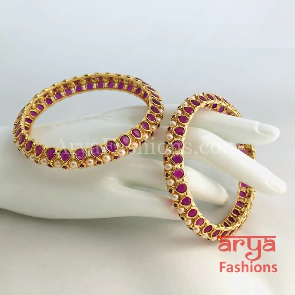 2.8 Ruby Kundan Kada Bangles with Pearls, Pair of 2 Bangles