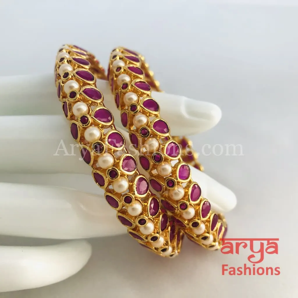 2.8 Ruby Kundan Kada Bangles with Pearls, Pair of 2 Bangles