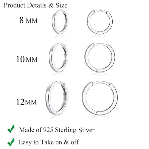 4 Pairs 925 Sterling Silver Hoop Earrings 14K White Gold Plated Small Silver Hoop Earrings for Women Huggie Cartilage Hoop Earrings for Women Men (6 8 10 12 MM)