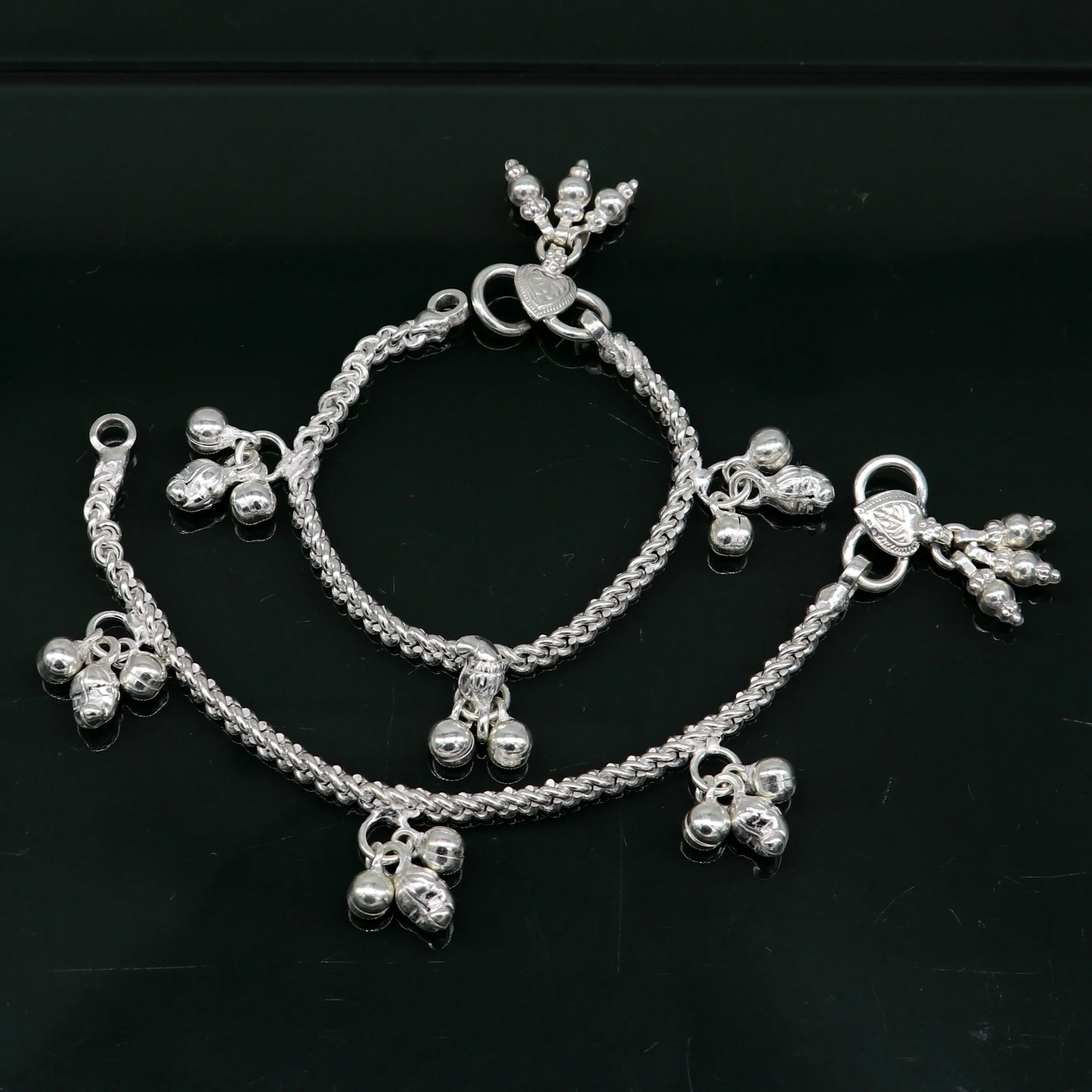 5.5" sterling silver baby kids handmade noisy bells anklets baby ankle bracelet, awesome noisy charm anklets kids jewelry from India ank320