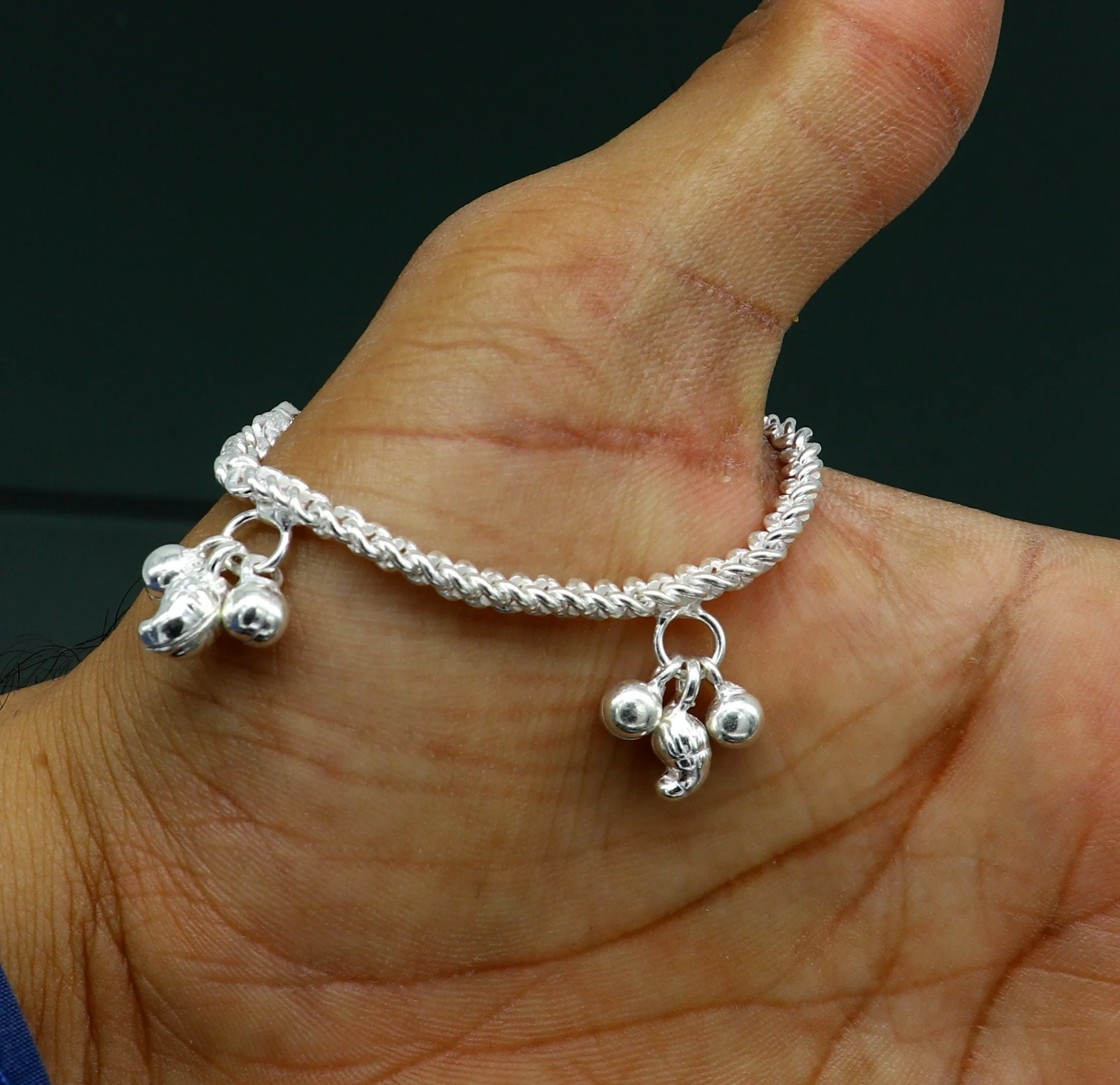 5.5" sterling silver baby kids handmade noisy bells anklets baby ankle bracelet, awesome noisy charm anklets kids jewelry from India ank320