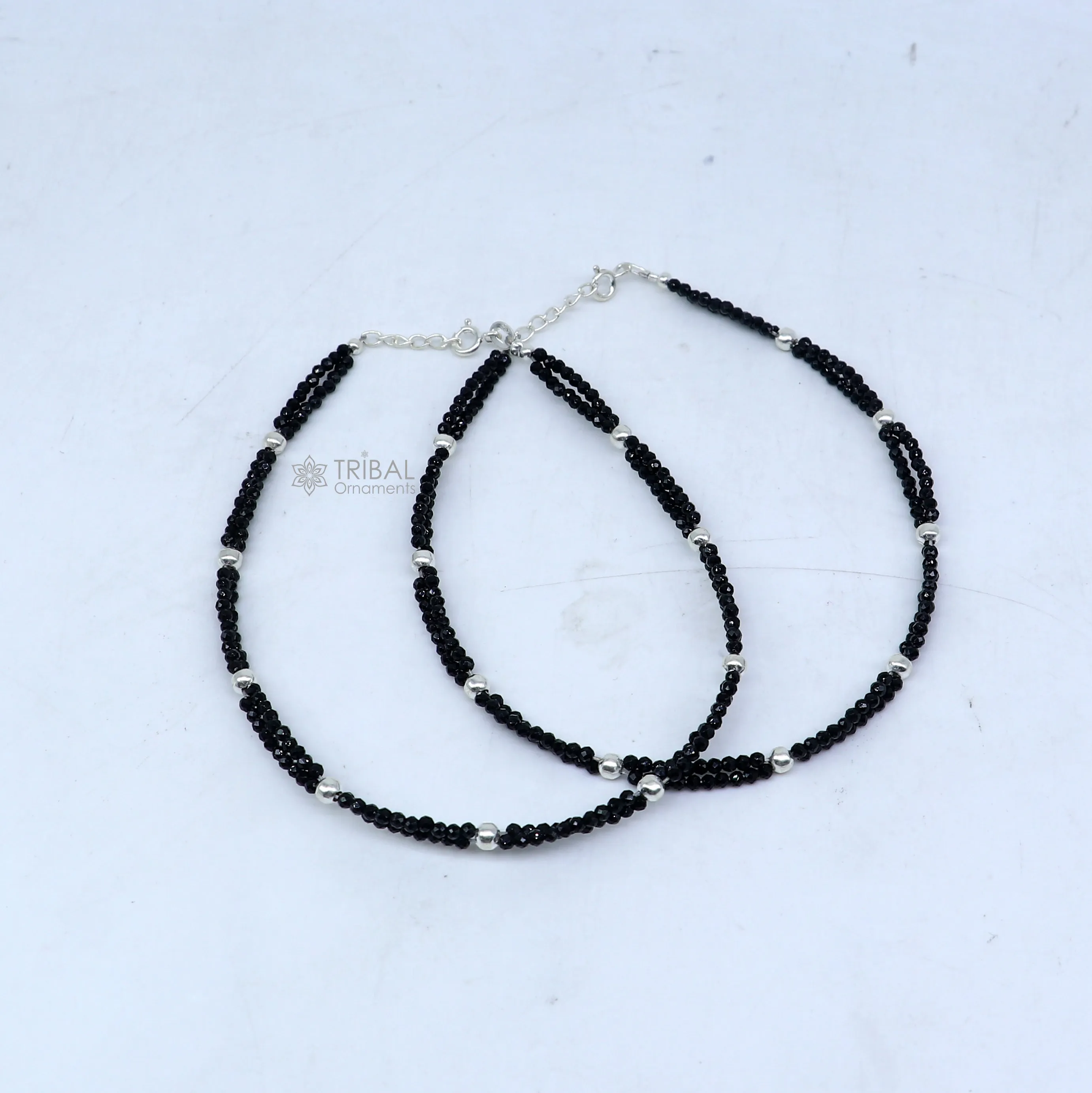 925 sterling silver double chain silver and black beaded anklet bracelet amazing light weight delicate anklets silver jewelry ank656