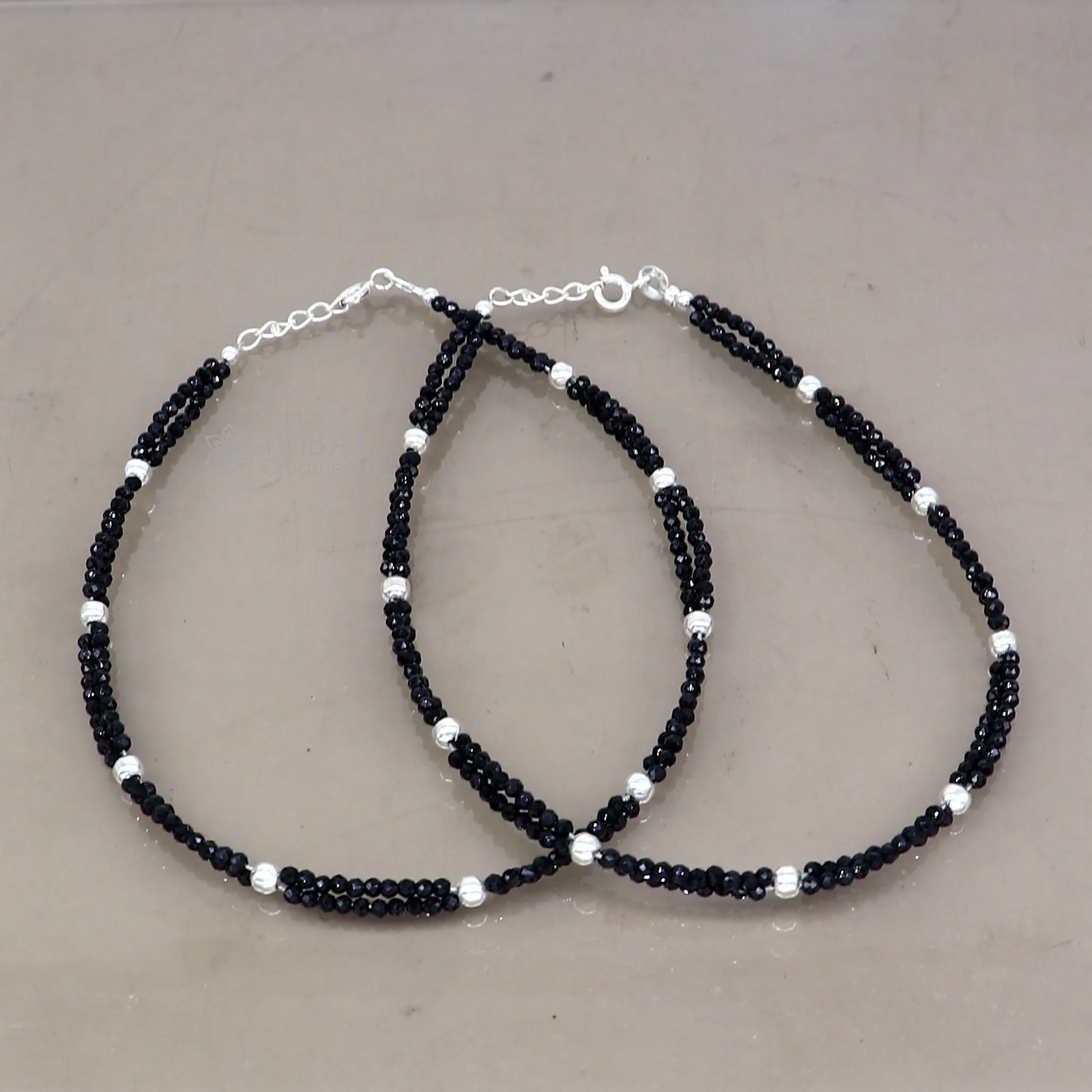 925 sterling silver double chain silver and black beaded anklet bracelet amazing light weight delicate anklets silver jewelry ank656