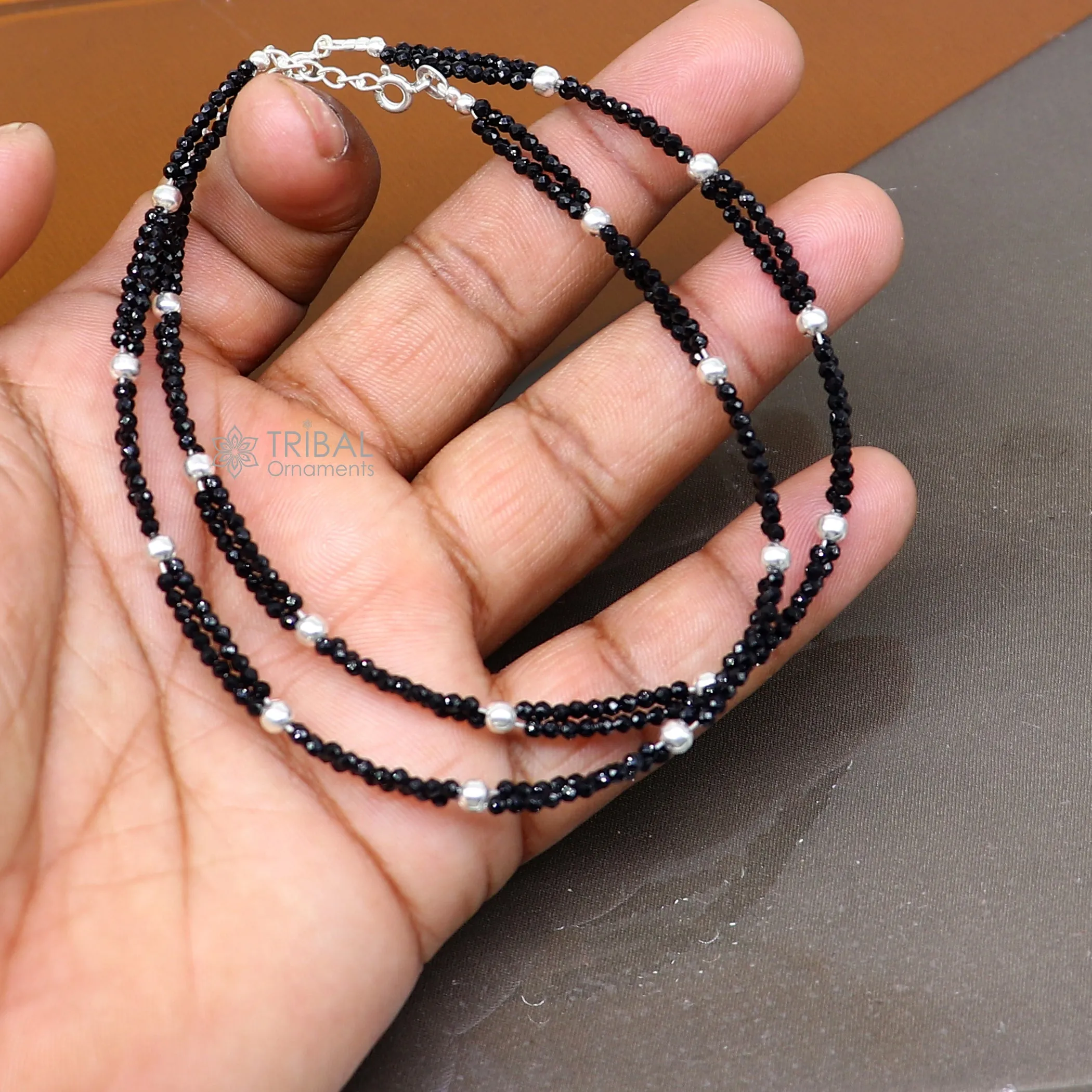 925 sterling silver double chain silver and black beaded anklet bracelet amazing light weight delicate anklets silver jewelry ank656