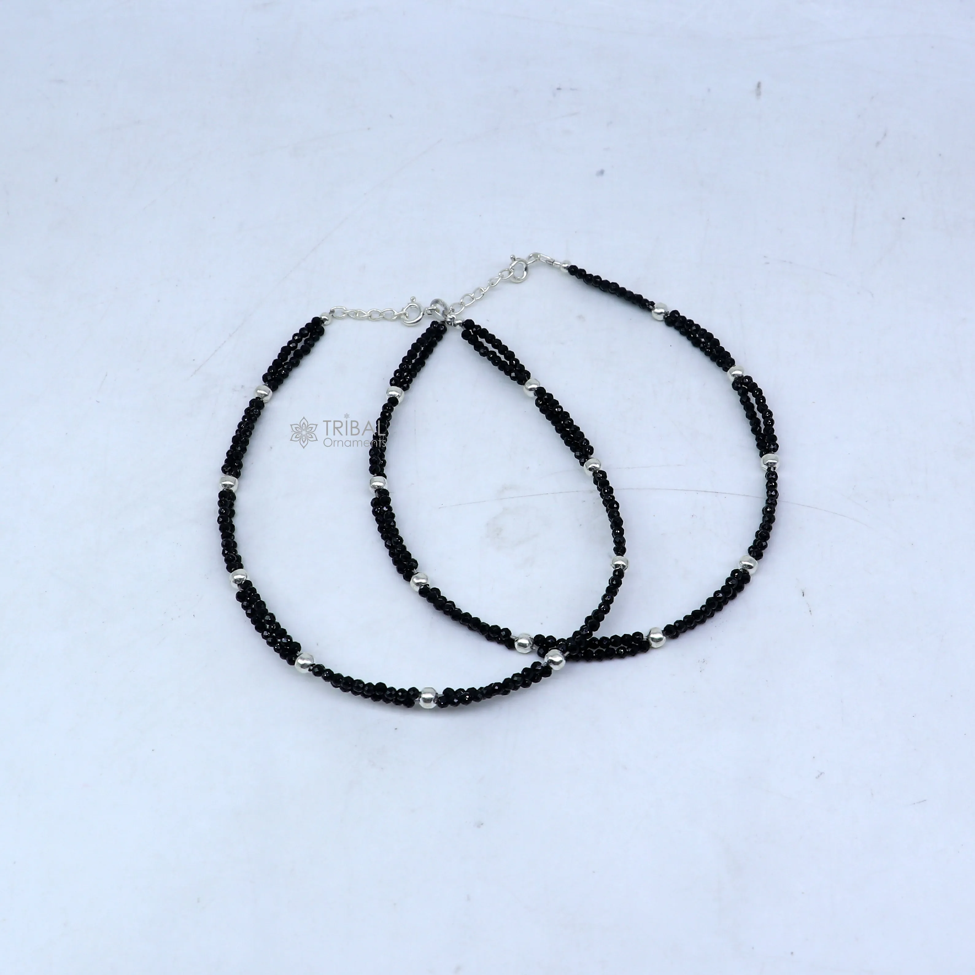 925 sterling silver double chain silver and black beaded anklet bracelet amazing light weight delicate anklets silver jewelry ank656