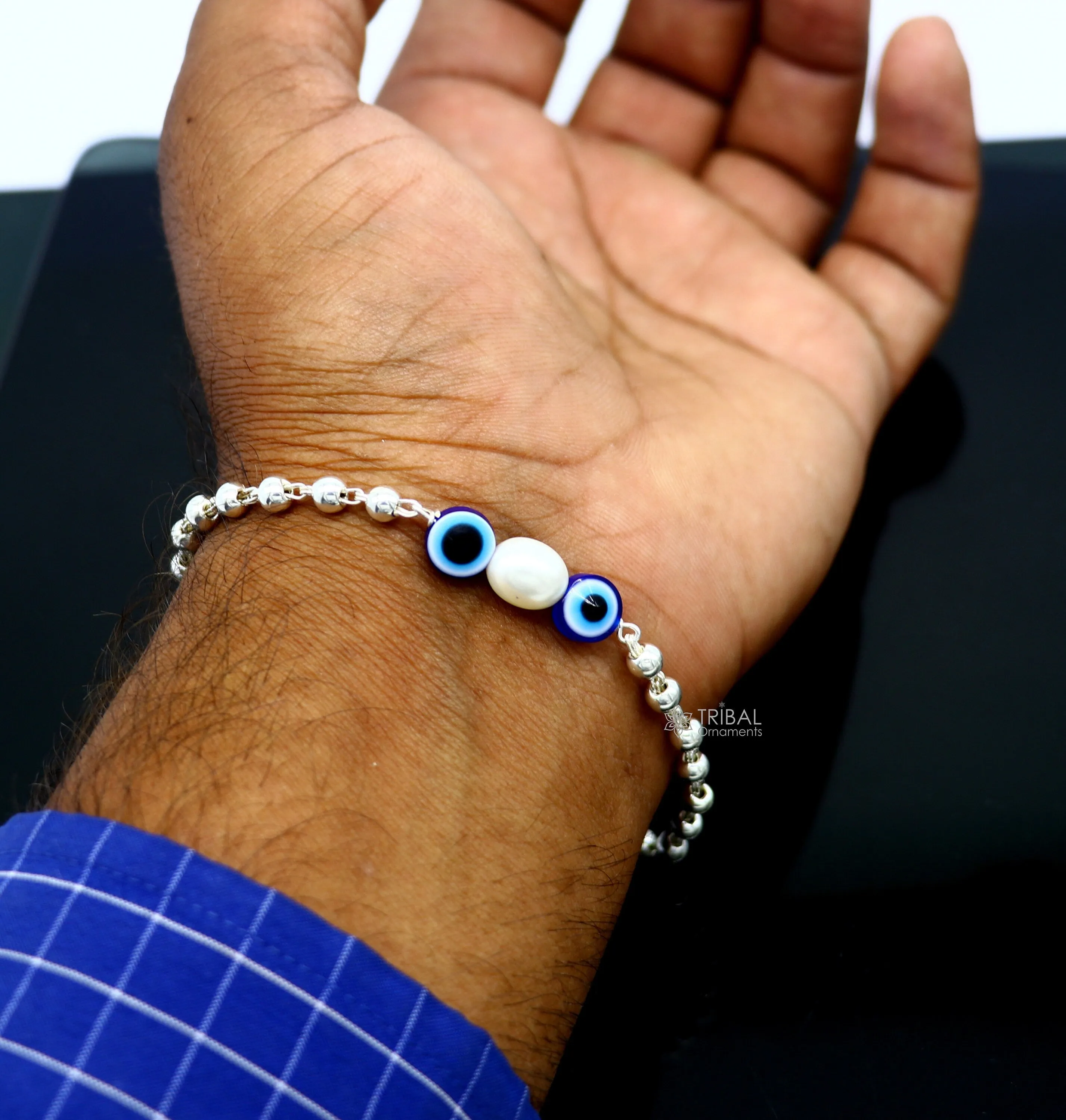925 sterling silver handmade silver beaded evil eye bracelet, chunky stylish unisex cultural trendy bracelet all sizes jewelry sbr470